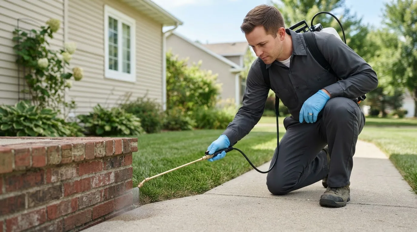 Pest control technician treating a home near Poplar Bluff, MO